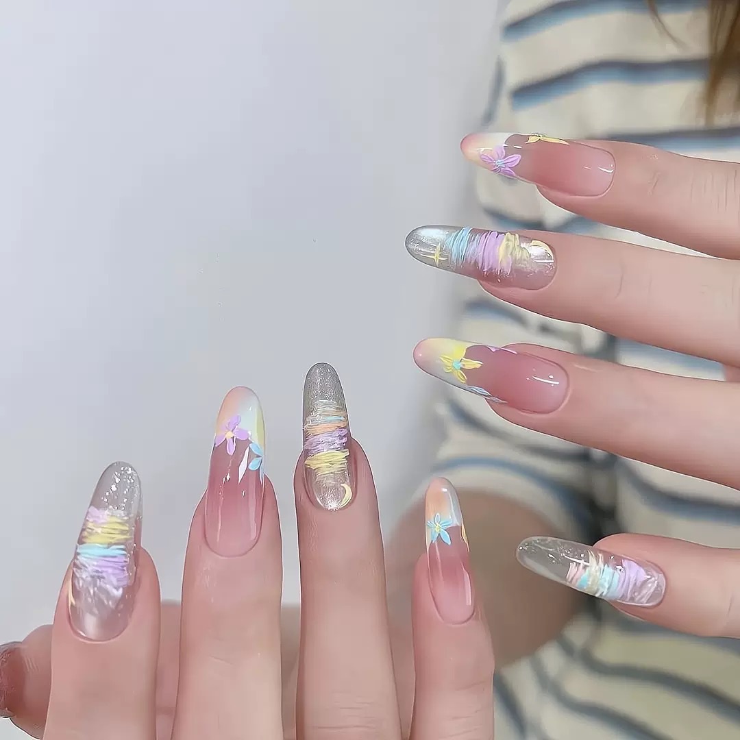 甜欲氛围感冰透粉系猫眼美甲高级新款指甲贴假指甲手工美甲穿戴甲